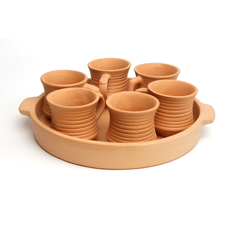 Unglazed Clay Cups with Tray Set of 7