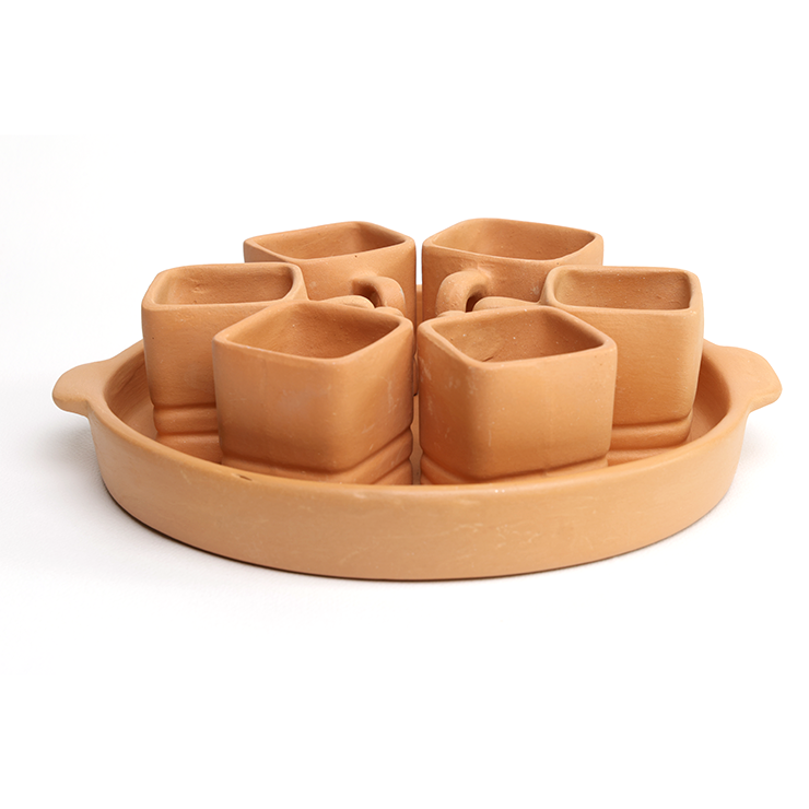 Unglazed Clay Square Cups with Tray Set of 7